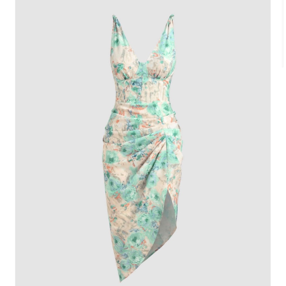 Illusion floral ruched midi dress